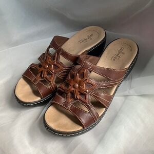 Vintage Leather Floral Star Brown Wedge Sandals 8.5 Y2K 90s Bohemian Festival